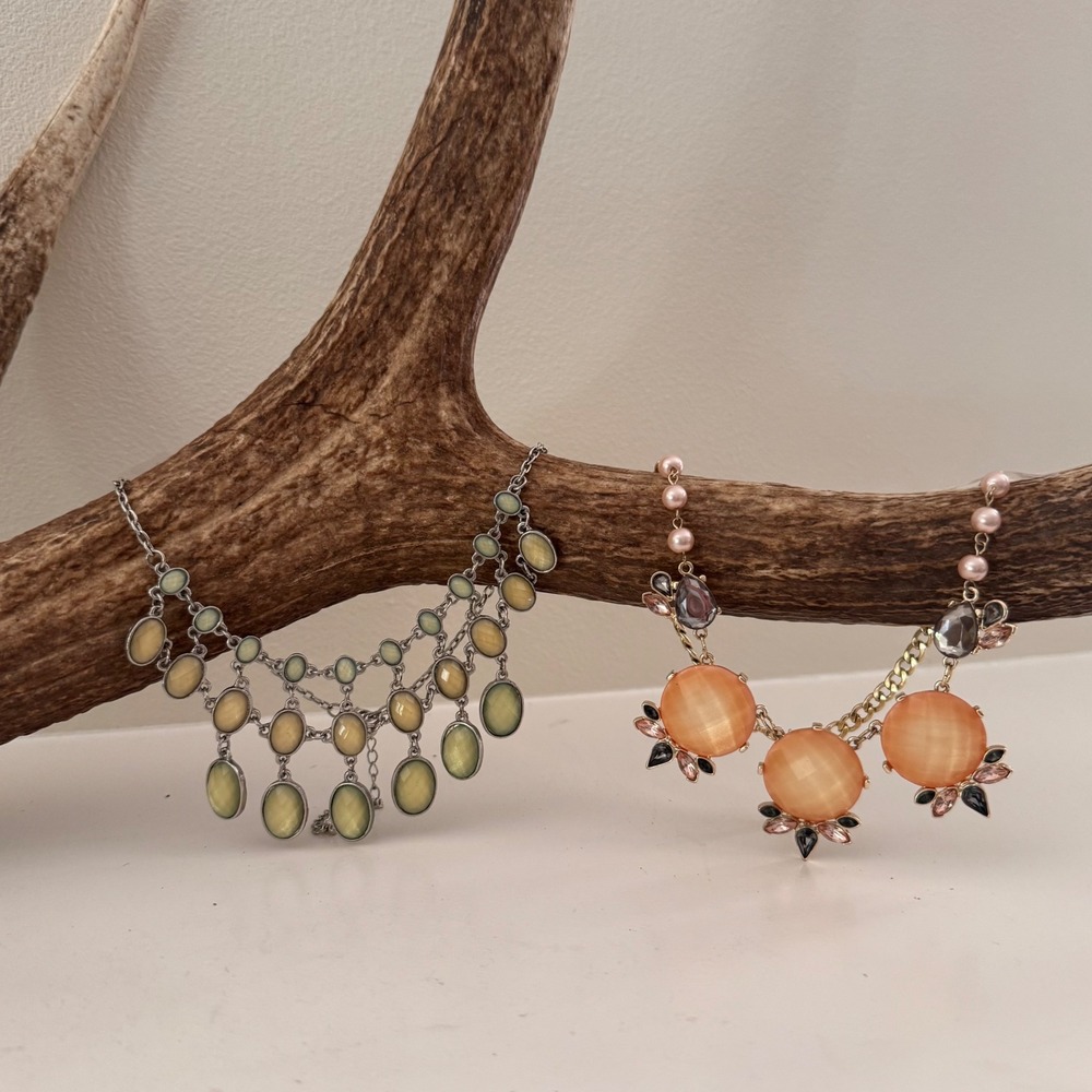 Lot 2 Statement Necklaces Olive Green Bib Chandelier Peach Floral Pearl Crystal